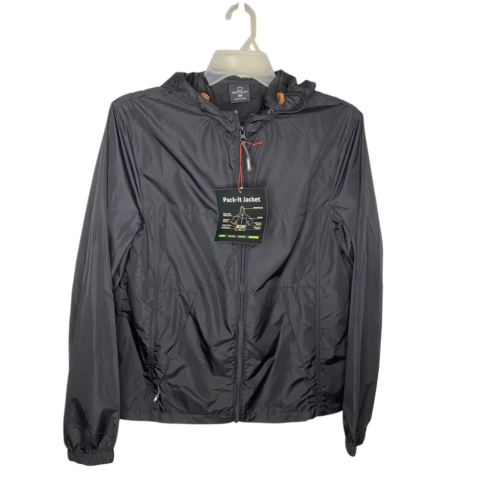 SCOTTeVEST Pack-It Jacket Mens M Black 8 Pocket Travel Windbreaker Hooded NEW